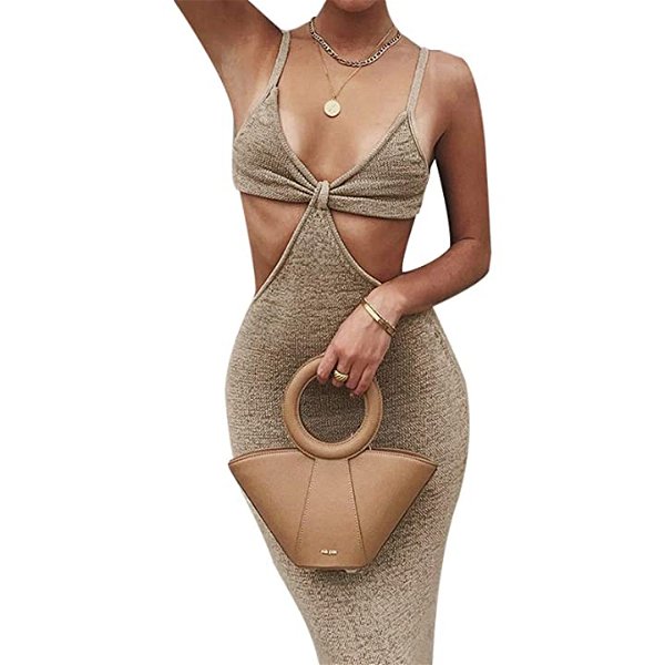 NUFIWI Womens Sexy Knitted Cut Out Spaghetti Strap Long Dresses Halter Neck Backless Maxi Dress Club Party Y2K Streetwear (B Khaki, S)