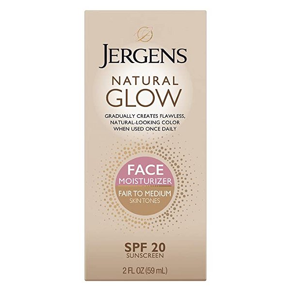 Amazon.com: Jergens Natural Glow Self Tanner Face Moisturizer, SPF 20 Facial Sunscreen, Fair to Medium Skin Tone, Sunless Tanning, Oil Free, Broad Spectrum Protection UVA and UVB, 2 oz (Packaging May Vary)