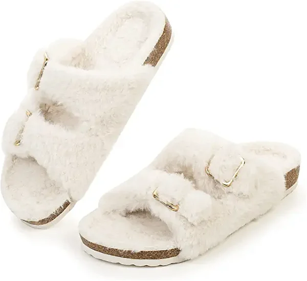 Amazon.com | FITORY Womens Open Toe Slipper with Cozy Lining,Faux Rabbit Fur Cork Slide Sandals Beige Size 8 | Slides
