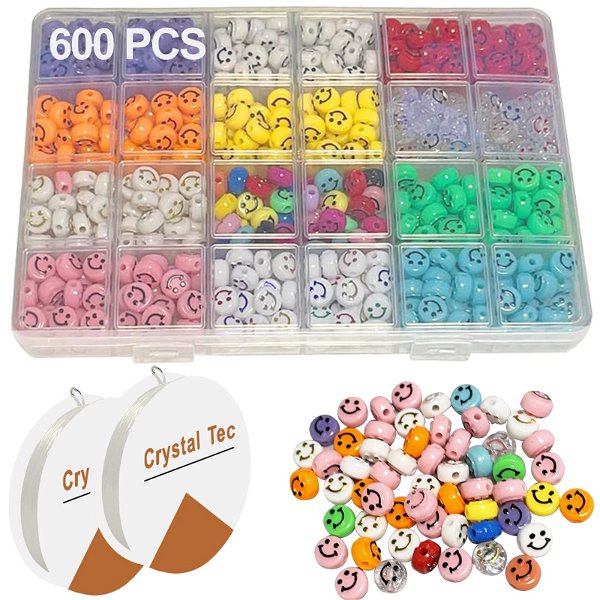 600Pcs Smiley Face Beads Kit with String, Round Happy Face Beads Jewelry Making Kit for Girls, 12 Colors Cute Heishi Beads for Bracelets Making, Beading Supplies Art Craft for Kids DIY Handmade Gift