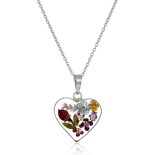 Sterling Silver Multi-Colored Pressed Flower Heart Pendant Necklace, 16"
