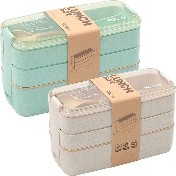 Amazon.com: Rarapop 2 Pack Stackable Bento Box Japanese Lunch Box Kit with Spoon & Fork, 3-In-1 Compartment Wheat Straw Meal Prep Containers for Kids & Adults (Green/Beige): Home & Kitchen