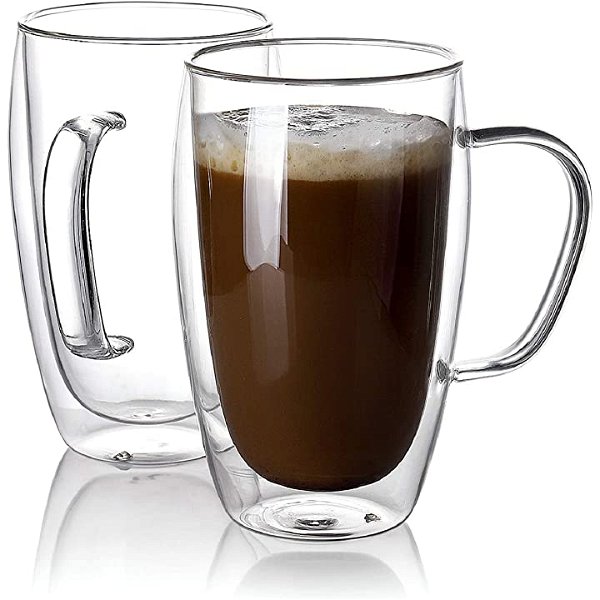 Sweese 416.101 Glass Coffee Mugs Set of 2 - Double Wall Tall Insulated Tea Cups Coffe Cups with Handle Glassware, Perfect for Cappuccino, Latte, Macchiato, Tea, Coffee Lover, Iced Beverages, 15 oz