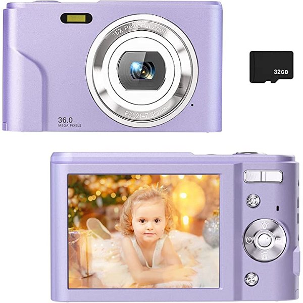 Digital Camera for Kids Boys and Girls - 36MP Children's Camera with 32GB SD Card，Full HD 1080P Rechargeable Electronic Mini Camera for Students, Teens, Kids(Purple)