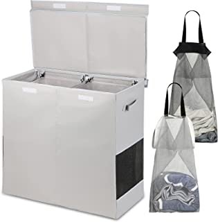 AmazonSmile: HOUSE AGAIN Double Laundry Hamper with Lid and Removable Laundry Bags, 160L, 2 Divider Dirty Clothes Hamper with Handles for Bedroom, Dorm, Foldable Laundry Basket Organizer, Dual hamper (Grey) : Home & Kitchen