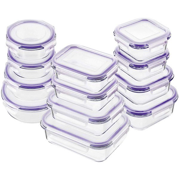 Bayco Glass Food Storage Containers with Lids, [24 Piece] Glass Meal Prep Containers, Airtight Glass Bento Boxes, BPA Free & Leak Proof (12 lids & 12 Containers) - Purple