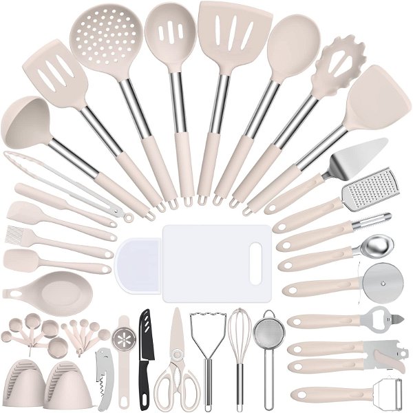 Silicone Cooking Utensil Set, Umite Chef 43 PCS Heat Resistant Kitchen Utensil Gadgets Set-Stainless Steel Handle- Kitchen Spatula Tools for Nonstick Cookware, Pots and Pans Accessories (Khaki)