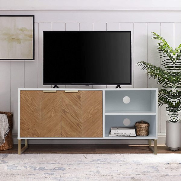 Anmytek Modern Wood 2 Door TV Stand, Farmhouse Media Entertainment Center Mid Century Console Table with 2 Open Shelves for TVs up to 50+ Inches White/Gold H0044