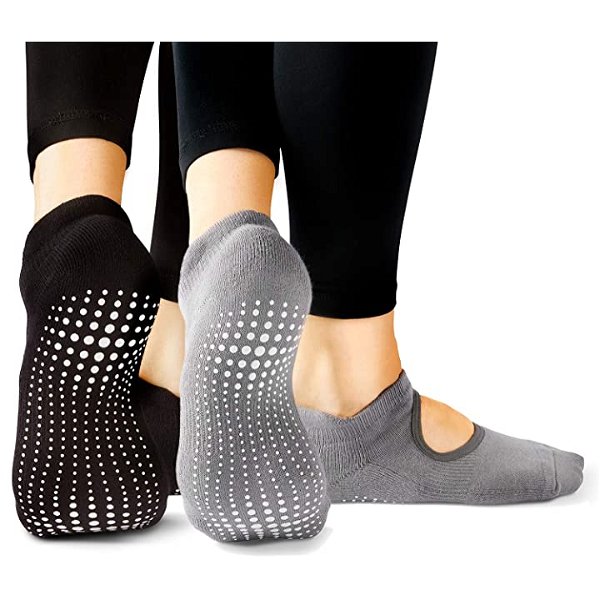 LA Active Grip Socks - 2 Pairs - Yoga Pilates Barre Non Slip - Ballet (Noire Black and Powder Grey, Large)
