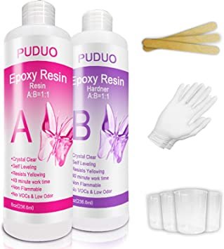 Amazon.com: Epoxy Resin Crystal Clear Kit for Art, Jewelry, Crafts, Coating- 16 OZ Including 8OZ Resin and 8OZ Hardener | Bonus 4 pcs Measuring Cups, 3pcs Sticks, 1 Pair Rubber Gloves by PUDUO