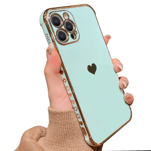 MTBacon Compatible with iPhone 12 Pro Max Case, Luxury Plating Love Heart Phone Case, Cute Side Small Love Pattern Soft TPU Shockproof Full Camera Lens Protective Case for iPhone 12 Pro Max - Green