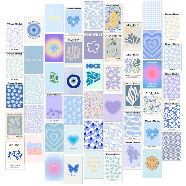 Danish Pastel Room Decor Aesthetic Wall Collage Kit - Matisse Posters for Room Aesthetic Wall Decor - Blue Aesthetic Picture Collage Kit for Wall Aesthetic - Trendy Teen Gifts for Girls - Flower Market Poster Set - Minimalist Wall Art Bedroom Decor (50pcs of 4x6inch, Blue)