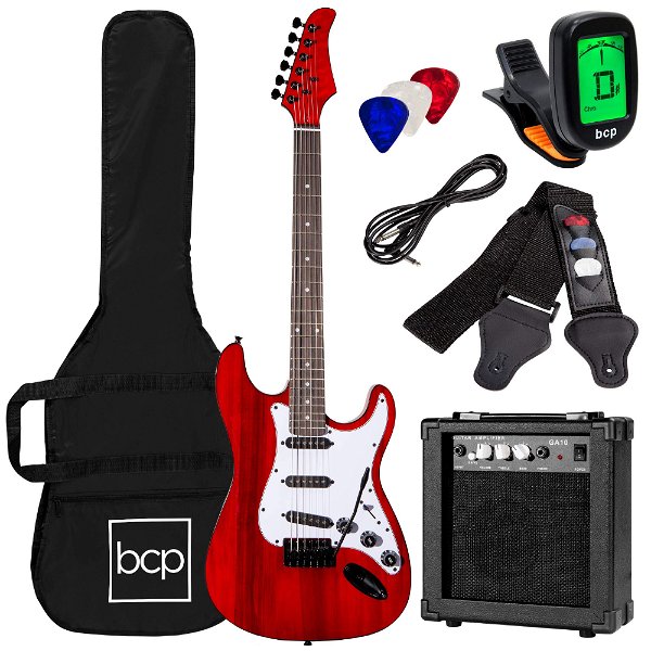 Best Choice Products 39in Full Size Beginner Electric Guitar Starter Kit w/Case, Strap, 10W Amp, Strings, Pick, Tremolo Bar - Cherry Red