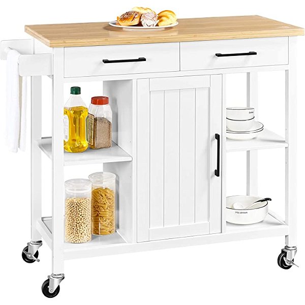 Yaheetech Kitchen Island on Lockable Wheels with 2 Storage Drawers & Bamboo Countertop, Kitchen Trolley Cart with Adjustable Shelves and Towel Bar, L42.5xW18xH36 Inches, White