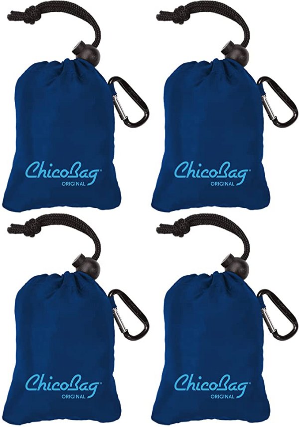 Chicobag Original Compact Reusable Grocery Bag with Attached Pouch and Carabiner Clip- 4 Pack Blue
