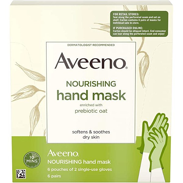 Aveeno Nourishing Hand Therapy Mask Moisturizing formula with Prebiotic Oat for Dry Skin, Fragrance-Free and Paraben-Free, 6 Pairs of Single-use Gloves