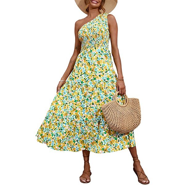 BTFBM Women One Shoulder Sleeveless Casual Summer Dresses Smocked High Waist Floral Print Boho Pleated Swing Maxi Long Dress (Floral White Yellow, X-Large)