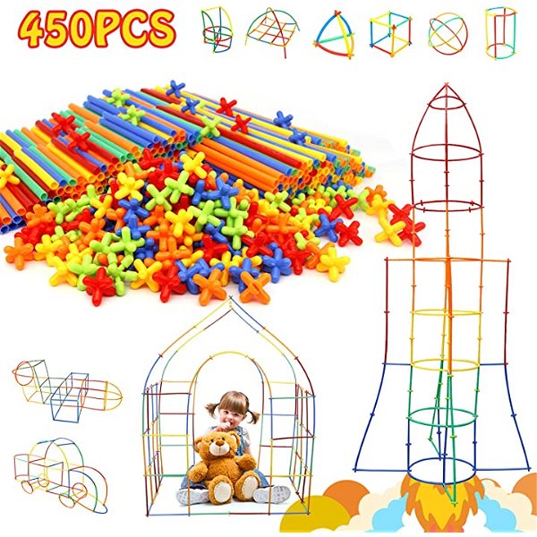 STEM Toy Building Toy 450Pcs Preschool Toy Interlocking Toy Straw Constructor Toy Engineering Tinker Toy Thin Tube Blocks Educational Toy Kit for Indoor Kids Toy for 3 4 5 6 7+ Years Boys &Girls Gift
