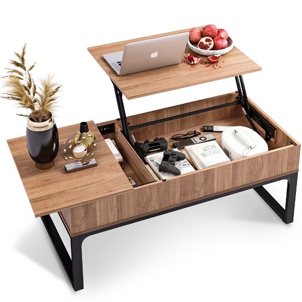 WLIVE Lift Top Coffee Table with Hidden Compartment, Cocktail Table, Rising Center for Living Room, Side Drawer and Metal Frame, Walnut Oak Walnut Oak 42.9”*21.7”*18.2”