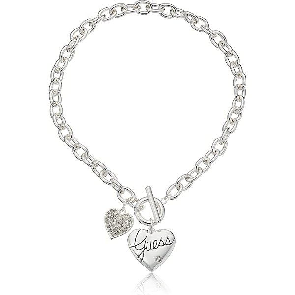 GUESS "Basic Silver Logo Heart and Pave Heart Toggle Pendant Necklace