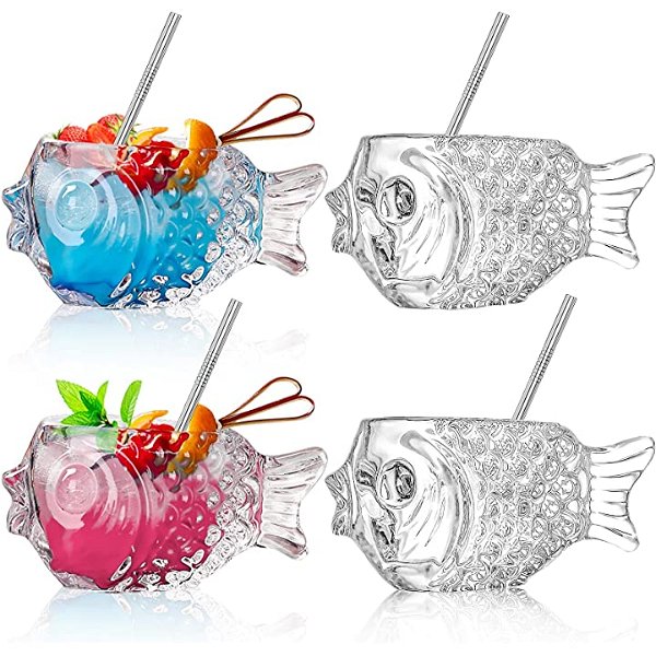 Cocktail Glass 5oz Fish Shaped Glass Cup Set of 4 Crystal Fish Cocktail Glasses Wine Glasses Glassware Drinking Cups for Party Bar Club Home Party Restaurant Gifts