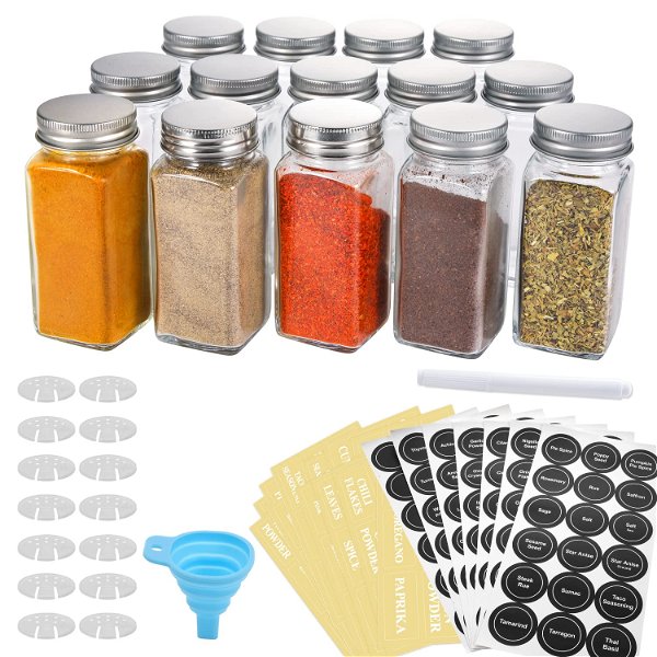 AOZITA 14 Pcs Glass Spice Jars with Spice Labels - 4oz Empty Square Spice Bottles - Shaker Lids and Airtight Metal Caps - Chalk Marker and Silicone Collapsible Funnel Included