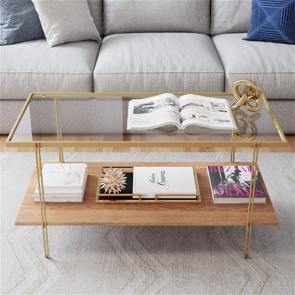 Nathan James Asher Mid-Century Rectangle Coffee Table Glass Top and Rustic Oak Storage Shelf with Sleek Brass Metal Legs, Gold