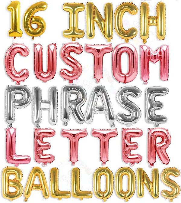 Amazon.com: Letter Balloons - Custom Phrase 16" Inch Alphabet Letters & Numbers Foil Mylar Balloon | Create Your Own Balloon Banner | Customized Phrase / Word / Words With Mini Blow Up Gold Letter Balloons | Personalized Name Letter Balloons 16 inch | Customizable Balloon Letters (Gold, Silver & Rose Gold) : Home & Kitchen