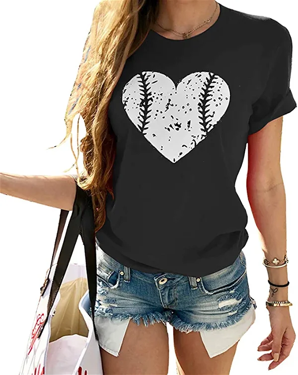 Cicy Bell Women's Baseball Graphic Tees Shirts Short Sleeve Love Heart Print Casual Summer Tops Black at Amazon Women’s Clothing store