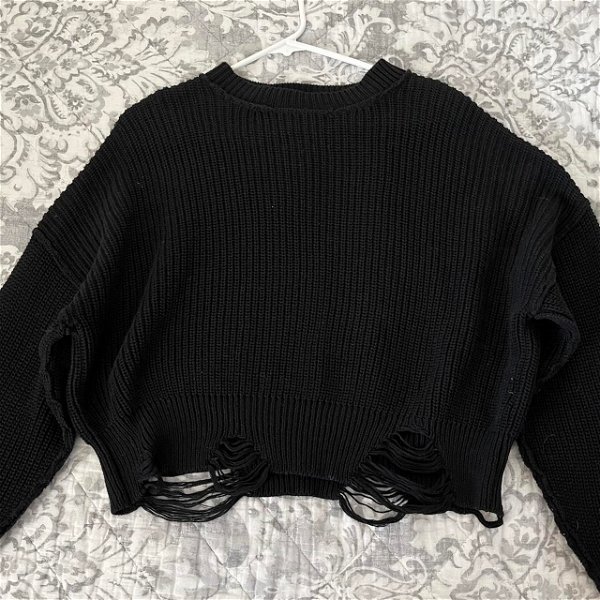 black distressed knit sweater brand forever 21... - Depop