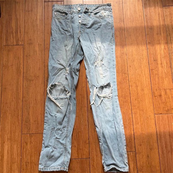 Mens denim jeans light wash distressed ripped holes...