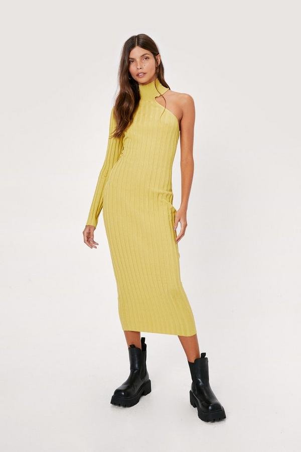 One Shoulder Wide Ribbed Knitted Midi Dress
