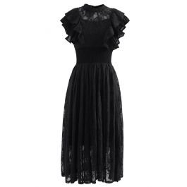 Tiered Ruffle Sleeveless Midi Lace Dress in Black