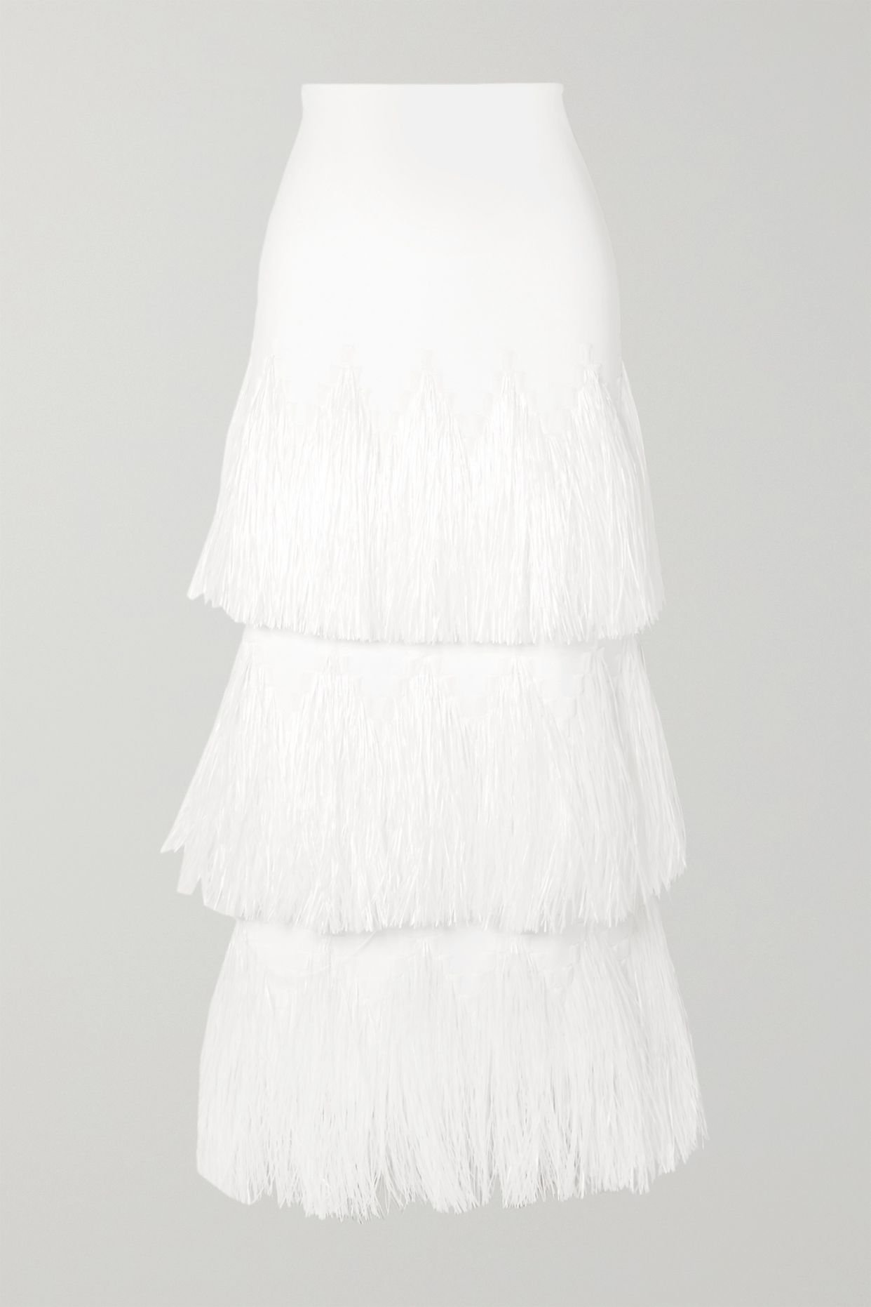 ALAÏA - Tiered raffia-trimmed stretch-knit midi skirt