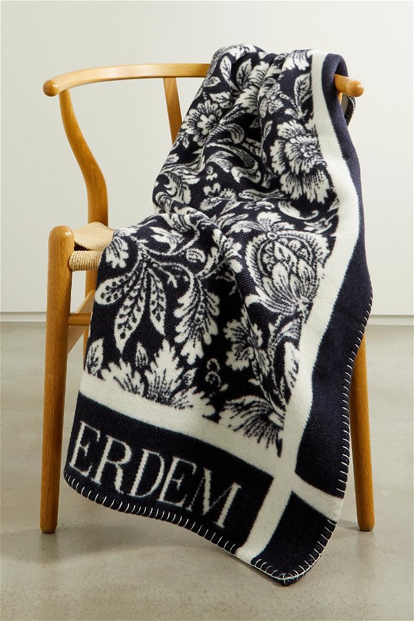 Navy Intarsia merino wool and cashmere-blend blanket | ERDEM | NET-A-PORTER