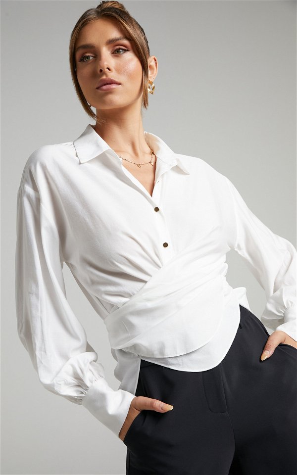 Ehrna Twist Front Collared Long Sleeve Shirt in White | Showpo USA