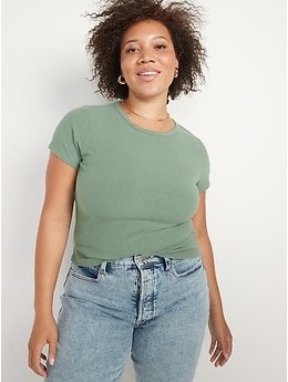Short-Sleeve Cropped Slim-Fit Rib-Knit T-Shirt for Women